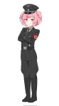  1girl black_cat03 black_footwear black_gloves black_headwear black_jacket black_pants boots closed_mouth crossed_arms doki_doki_literature_club full_body gloves hair_ribbon hat highres jacket looking_at_viewer natsuki_(doki_doki_literature_club) nazi pants peaked_cap pink_eyes pink_hair red_ribbon ribbon short_hair simple_background skull_pin smile solo ss_insignia ss_uniform standing swastika totenkopf waffen-ss white_background 