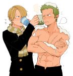 2boys abs annoyed black_coat black_pants blonde_hair blush buttons coat collarbone commentary cropped_legs crossed_arms cup curly_eyebrows drinking earrings facial_hair green_hair hair_over_one_eye highres holding holding_cup iqracha jewelry long_bangs looking_at_another male_focus multiple_boys muscular muscular_male one_eye_closed one_piece pants roronoa_zoro sanji_(one_piece) scar scar_on_chest scarf short_hair simple_background single_earring snot snow snow_on_body snow_on_head steam stubble topless_male translated trembling v-shaped_eyebrows white_background yellow_scarf 