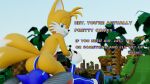 2_tails 3d_(artwork) anthro canid canine chrystix_(twintails3d) computer dialogue digital_media_(artwork) duo electronics english_text facesitting fan_character fox gesture hi_res lying male male/male mammal miles_prower multi_tail narrowed_eyes on_back sega sitting_on_another sonic_the_hedgehog_(series) tail text thumbs_up twintails3d