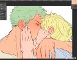  2boys art_program_in_frame blonde_hair blush close-up closed_eyes couple curly_eyebrows dark-skinned_male dark_skin green_hair hand_on_another&#039;s_cheek hand_on_another&#039;s_face kiss male_focus multiple_boys one_piece roronoa_zoro sanji_(one_piece) short_hair sketch sweetdou3 tongue unfinished yaoi 