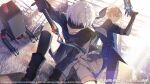  2boys 9s_(nier:automata) blindfold blonde_hair character_request copyright_name crossover floating gun highres holding holding_gun holding_sword holding_weapon logo male_focus multiple_boys nier:automata nier_(series) official_art pod_(nier:automata) punishing:_gray_raven second-party_source sword weapon white_hair 
