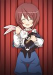  :d ^_^ ^o^ aka_(s3637) animal blue_dress blush brown_hair bunny closed_eyes clothed_animal collar curtains dress frills hat hat_basket hat_removed headwear_removed holding holding_hat laplace long_sleeves magician open_mouth rozen_maiden short_hair smile solo souseiseki 