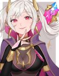  1girl blush bodystocking breasts bridal_gauntlets cape dragonstone evil_smile fire_emblem fire_emblem_awakening fire_emblem_heroes floating floating_hair floating_object glowing_tattoo gmais2514 grima_(fire_emblem) hand_tattoo highres large_breasts long_hair mixed-language_commentary official_alternate_costume purple_cape red_eyes robin_(female)_(fell_tactician)_(fire_emblem) robin_(female)_(fire_emblem) robin_(fire_emblem) shirt smile solo swept_bangs tattoo twintails white_shirt 