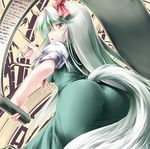  ass blush date_hajime ex-keine green_hair horns kamishirasawa_keine long_hair looking_back red_eyes ribbon solo tail touhou 