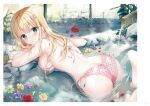  1girl ass back bare_arms barefoot bikini blonde_hair blush border bow breasts day flower grass green_eyes hair_bow highres inagaki_minami large_breasts legs_up long_hair looking_at_viewer looking_back non-web_source onsen page_number parted_lips partially_submerged pink_bikini pink_bow plant polka_dot polka_dot_bikini pouring purple_flower red_flower red_rose rock rose sideboob sidelocks soles solo sousouman splashing steam stone_floor sunlight swimsuit twinbox_school underboob white_border yellow_flower 