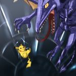  falling gen_1_pokemon lowres metroid no_humans pikachu pokemon pokemon_(creature) ridley super_smash_bros. tail wings yellow_eyes 