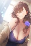  blurry blurry_background blush bokeh breasts brown_hair camisole cleavage closed_eyes collarbone curly_hair curtains depth_of_field english_commentary facing_viewer flower genshin_impact hair_between_eyes hair_flower hair_ornament hair_over_one_eye highres jacket large_breasts light_particles light_rays lisa_(genshin_impact) mixed-language_commentary nekocypher off_shoulder open_clothes open_jacket open_shirt parted_lips purple_camisole purple_shirt shirt sleeveless sleeveless_shirt smile spaghetti_strap sunlight teeth upper_body window 