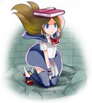  bad_id bad_pixiv_id blue_eyes blush book book_on_head brown_hair castlevania castlevania:_portrait_of_ruin charlotte_aulin dress high_heels kamaboko_red kneeling object_on_head shoes skirt solo thighhighs wind wind_lift zettai_ryouiki 