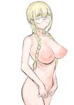  1girl absurdres blonde_hair braid breasts collarbone completely_nude dot_mouth glasses green_eyes highres jimiko kuppipi_ramutarou large_areolae large_breasts navel nude original own_hands_together ribs round_eyewear twin_braids 