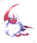  absol alternate_color animal_focus aqua_eyes bright_pupils claws colored_skin commentary dated english_commentary fangs forehead_jewel highres horns likey mane no_humans open_mouth pokemon pokemon_(creature) red_skin shiny_pokemon signature simple_background single_horn smile tail white_background white_fur white_pupils 
