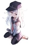  1girl absurdres anchor_symbol black_headwear black_sailor_collar black_skirt black_thighhighs blue_eyes blush brown_footwear dfd flat_cap full_body grey_hair hair_between_eyes hat hibiki_(kancolle) highres kantai_collection long_hair long_sleeves neckerchief open_mouth pleated_skirt red_neckerchief sailor_collar school_uniform serafuku shoes simple_background sitting skirt solo thighhighs wariza white_background 