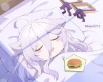  1girl ahoge bed_sheet burger closed_eyes food grey_hair hair_between_eyes henya_the_genius highres keshi273 long_hair on_bed open_mouth pillow sleeping solo spoken_food twitter_username under_covers unworn_hair_ornament virtual_youtuber vshojo 