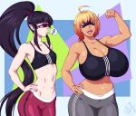 2023 5_fingers absurd_res big_breasts black_hair bra breast_size_difference breasts cleavage clothed clothing cyclops digital_media_(artwork) duo eyes_closed female fingers hair hand_on_hip hi_res huge_breasts humanoid humanoid_pointy_ears long_hair midriff multicolored_hair not_furry open_mouth ponytail red_eyes sharp_teeth short_hair small_breasts souladdicted sports_bra sports_bra_difference_meme sweatpants teeth two_tone_hair underwear vanessa_(souladdicted) viviana_(souladdicted)