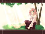  against_tree barefoot brown_hair copyright_request feet green_eyes naruse_chisato non-web_source shade short_hair sitting solo tree 