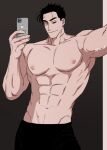  1boy abs balnom bara cowboy_shot highres holding holding_phone large_pectorals mature_male muscular muscular_male navel nipples one_eye_closed original outstretched_arm pectorals phone seductive_smile selfie smile solo standing stomach thick_eyebrows topless_male tsurime veiny_crotch 