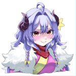  1girl ahoge black_horns blue_hair blush breasts cropped_torso flower fur-trimmed_kimono fur_trim hair_intakes highres horn_flower horns japanese_clothes kimono kindred_(league_of_legends) lamb_(league_of_legends) league_of_legends medium_breasts pout red_eyes ri_~yoku simple_background solo spirit_blossom_kindred white_background yellow_flower 