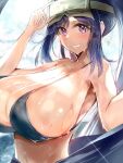  1girl absurdres bikini birthday blue_hair blush breasts commentary goggles goggles_on_head grin high_ponytail highres huge_breasts long_hair looking_at_viewer love_live! love_live!_sunshine!! matsuura_kanan purple_eyes shouma_(1026syoma) sidelocks smile solo swimsuit upper_body water 