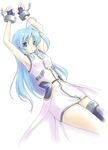  ahoge asymmetrical_legwear bdsm blue_eyes blue_hair blush bondage bound cuffs fingerless_gloves gloves hair_ornament indigorabbit long_hair lyrical_nanoha magical_girl mahou_shoujo_lyrical_nanoha_strikers reinforce_zwei shackles single_thighhigh solo thighhighs waist_cape x_hair_ornament 