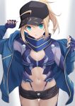  1girl ahoge artoria_pendragon_(fate) baseball_cap black_headwear black_shorts blonde_hair blue_gloves blue_jacket blue_scarf clothing_cutout cross_(crossryou) fate/grand_order fate_(series) fingerless_gloves gloves green_eyes hat highleg highleg_panties highres jacket looking_at_viewer mysterious_heroine_x_(fate) navel navel_cutout open_clothes open_jacket open_mouth panties ponytail scarf short_shorts shorts simple_background solo track_jacket underwear white_background 
