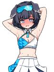  1girl @_@ alternate_breast_size alternate_hair_length alternate_hairstyle armpits arms_behind_head black_hair blue_archive breasts cleavage_cutout clothing_cutout commentary crop_top detached_collar english_commentary grey_eyes hibiki_(blue_archive) hibiki_(cheer_squad)_(blue_archive) highres ink_(inksgirls) midriff miniskirt navel nervous_sweating pleated_skirt skirt small_breasts solo sweat upper_body 