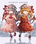  2girls aojirozame1228 ascot bat_wings blonde_hair crystal_wings dress flandre_scarlet frills hat highres laevatein_(touhou) mob_cap multiple_girls pointy_ears red_ascot red_dress red_eyes red_ribbon remilia_scarlet ribbon shoes short_hair side_ponytail simple_background smile solo touhou white_background white_dress wings yellow_ascot 