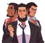  3boys alternate_costume bara beard_stubble blush buzz_cut chest_hair chest_hair_peek dark-skinned_male dark_skin facial_hair foazycozy golden_kamuy holding holding_smoking_pipe kiroranke large_pectorals long_sideburns male_focus mature_male multiple_boys muscular muscular_male necktie pectoral_cleavage pectorals rikimatsu_ariko salaryman scar scar_on_face short_hair sideburns smile smoking_pipe stubble suit tanigaki_genjirou thick_eyebrows very_short_hair 