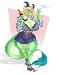 absurd_res alcohol anthro beverage blonde_hair bottomwear breasts cleavage clothed clothing curved_horn dialogue dragon dress_shirt dullvivid english_text facial_fin female footwear fur green_body green_fur green_scales green_spots grin hair half-closed_eyes hi_res horn markings narrowed_eyes sandals scales sharp_teeth shirt simple_background skirt smile solo spots spotted_body spotted_markings spotted_scales tail tail_tuft teeth text topwear tuft white_background wine