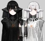  2girls adeline_(girls&#039;_frontline) alina_(girls&#039;_frontline) black_dress black_hair breasts brown_eyes closed_mouth dress facial_mark girls&#039;_frontline grey_background hair_ornament highres long_hair looking_at_viewer mechanical_arms medium_breasts multiple_girls nyto_(girls&#039;_frontline) paradeus rampart1028 simple_background single_mechanical_arm upper_body white_dress white_hair 