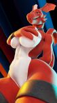 4k 9:16 abstract_background absurd_res anthro bandai_namco big_breasts breasts claws collar collar_only covering covering_breasts digimon digimon_(species) female fever-dreamer fin fingers grin guilmon guilmon_(furromantic) head_wings hi_res holding_breast lizard looking_at_viewer looking_down markings narrowed_eyes nude red_body red_scales reptile scales scalie seductive smile smirk studded_collar teeth wings