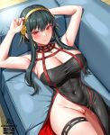  1girl armpits bare_arms black_hair blush boots braid breasts censored cleavage closed_mouth collarbone couch covered_navel english_commentary flower hair_between_eyes hair_flower hair_ornament hairband highres large_breasts looking_at_viewer lying m-chan-arts mosaic_censoring on_back pussy red_eyes sidelocks smile solo spy_x_family thigh_boots thigh_strap watermark yor_briar 