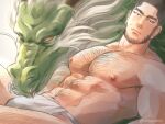  1boy abs bara beard_stubble bulge buzz_cut chinese_zodiac cowboy_shot dragon eastern_dragon facial_hair from_side fundoshi golden_kamuy hairy japanese_clothes large_pectorals long_mustache looking_at_viewer male_focus mature_male muscular muscular_male navel navel_hair nipples nopinzo pectorals short_hair solo sparse_chest_hair sparse_leg_hair sparse_navel_hair stomach stubble tanigaki_genjirou thick_eyebrows thick_thighs thighs topless_male very_short_hair year_of_the_dragon 