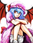  bat_wings bloomers hat knees_on_chest knees_up mob_cap osakana_(denpa_yun'yun) puffy_short_sleeves puffy_sleeves red_eyes remilia_scarlet short_hair short_sleeves silver_hair simple_background smile solo touhou underwear vampire white_background white_bloomers wings 