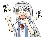  &gt;_&lt; blush clannad closed_eyes hikarizaka_private_high_school_uniform long_hair lowres nekotoufu sakagami_tomoyo school_uniform silver_hair solo translation_request 