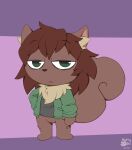 anthro bottomless chibi clothed clothing fur hair hi_res mammal nutty_bo rodent sciurid simple_background tail tired topwear tree_squirrel