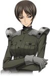  1girl armor artist_request breast_pocket breasts brown_eyes brown_hair buttons chiba_nagisa closed_mouth code_geass code_geass:_lost_stories cropped_torso crossed_arms game_cg gloves green_jacket grey_gloves jacket long_sleeves looking_at_viewer medium_breasts military_uniform non-web_source official_art pocket short_hair shoulder_armor sidelocks simple_background solo standing transparent_background uniform upper_body v-shaped_eyebrows 
