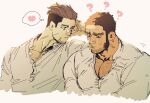  2boys bara beard_stubble buzz_cut chest_hair confused couple cropped_torso facial_hair golden_kamuy heart highres kasuke_(li_tgknk) loose_hair_strand male_focus mature_male multiple_boys muscular muscular_male muscular_uke ogata_hyakunosuke pectoral_cleavage pectorals short_hair shy spoken_heart stubble sweatdrop tanigaki_genjirou thick_eyebrows very_short_hair yaoi 