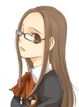  bow brown_eyes brown_hair fushimi_chihiro glasses long_hair lowres persona persona_3 ribbon school_uniform simple_background solo tsuji_yuzu 