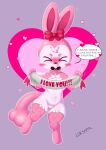 &lt;3 blush bow_(feature) bow_ribbon buckteeth choker clothing eyes_closed female fur hi_res holidays jewelry legwear necklace open_mouth pal_(species) palworld pink_body pink_fur pocketpair ribbuny stockings teeth text ultama_lokshar_(artist) valentine&#039;s_day white_body white_fur