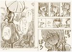  alice_margatroid ascot bad_id bad_pixiv_id blush charin closed_eyes comic crying finger_licking forest kazami_yuuka licking monochrome multiple_girls nature parasol plaid plaid_skirt plaid_vest sad sepia short_hair skirt skirt_set tears touhou translated umbrella vest 