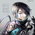  1girl animification apex_legends black_gloves black_hair blue_eyes blue_hair blue_lips bodysuit cable catalyst_(apex_legends) character_name clothing_cutout eyebrow_piercing gloves grey_background grey_bodysuit hair_behind_ear highres looking_at_viewer multicolored_hair piercing shiori_keta short_hair shoulder_cutout solo streaked_hair twitter_username 