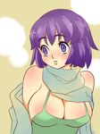  bare_shoulders breasts cleavage huge_breasts original purple_eyes purple_hair scarf short_hair solo tsuutenkaaku 