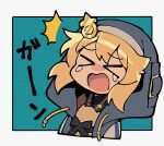  &gt;_&lt; 1boy androgyne_symbol blonde_hair blush bridget_(guilty_gear) chibi guilty_gear guilty_gear_strive habit hood hood_up hooded_jacket itsuka_neru jacket male_focus medium_hair open_clothes open_mouth otoko_no_ko tearing_up 