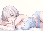  1girl absurdres bare_arms bare_shoulders bed_sheet blue_shorts blue_tank_top breasts cleavage closed_mouth commentary_request dot_nose fingernails green_eyes grey_hair hair_between_eyes highres hirayu721 hololive large_breasts light_blush looking_at_viewer lying midriff_peek mole mole_on_breast navel on_side one_eye_closed pillow shirogane_noel short_hair short_shorts shorts simple_background smile solo split_mouth tank_top virtual_youtuber white_background 