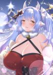  1girl absurdres animal_ears bare_shoulders bell black_bow blue_hair blurry blurry_background blush bow breasts breath bright_pupils catura_(granblue_fantasy) christmas christmas_lights christmas_tree cleavage cow_ears cow_horns criss-cross_halter draph dress dress_bow evening floating_hair fur_collar granblue_fantasy hair_bow hairband halterneck highres horns huge_breasts jacket lens_flare long_hair looking_at_viewer multicolored_hair neck_bell off_shoulder open_mouth outdoors pink_hair red_dress shiromochi_(123) short_eyebrows sleeveless sleeveless_dress smile solo streaked_hair twintails upper_body white_hairband white_jacket white_pupils yellow_eyes 
