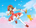  1girl absurdres bow brown_hair card cardcaptor_sakura child cloud cloudy_sky flying gloves green_eyes happy highres holding holding_card holding_wand kero kinomoto_sakura magical_girl official_art open_mouth pink_headwear red_bow red_footwear short_hair sky wand white_gloves wings 