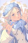  1girl alternate_eye_color blue_eyes blue_flower blue_scarf buttons coat commentary earrings elf english_commentary falling_leaves flower flower_wreath frieren ginkgo_leaf grey_hair hair_down hands_up head_wreath highres jewelry leaf long_hair long_pointy_ears long_sleeves looking_at_viewer nemophila_(flower) open_hands parted_bangs parted_lips pointy_ears scarf short_eyebrows solo sousou_no_frieren syertse teeth thick_eyebrows upper_body white_coat wide_sleeves winter_clothes winter_coat 