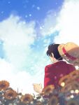  1boy a28841434 back black_hair commentary flower hat highres holding male_focus monkey_d._luffy one_piece plant red_shirt scar scar_on_face shirt short_hair sky solo straw_hat sunflower symbol-only_commentary 