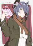 1girl alternate_costume artist_name border box brown_scarf commentary_request dated eyepatch green_jacket grin hand_in_pocket headgear highres holding holding_box jacket kantai_collection long_sleeves looking_at_viewer open_clothes open_jacket purple_hair red_background ribbed_sweater scarf short_hair smile solo sweater taira_yuuki tenryuu_(kancolle) white_border white_sweater yellow_eyes 