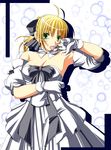  ahoge armpits artoria_pendragon_(all) bare_shoulders blonde_hair bow breasts bubble cleavage dress fate/stay_night fate/unlimited_codes fate_(series) gloves green_eyes hair_bow hiya medium_breasts ponytail ribbon saber saber_lily solo tongue 