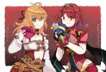  2girls blonde_hair breasts closed_mouth covered_navel earrings fingerless_gloves fiora_(xenoblade) gloves green_eyes happy_valentine jewelry long_hair looking_at_viewer mugimugis multiple_girls pyra_(xenoblade) red_eyes red_hair short_hair smile swept_bangs tiara valentine xenoblade_chronicles_(series) xenoblade_chronicles_1 xenoblade_chronicles_2 